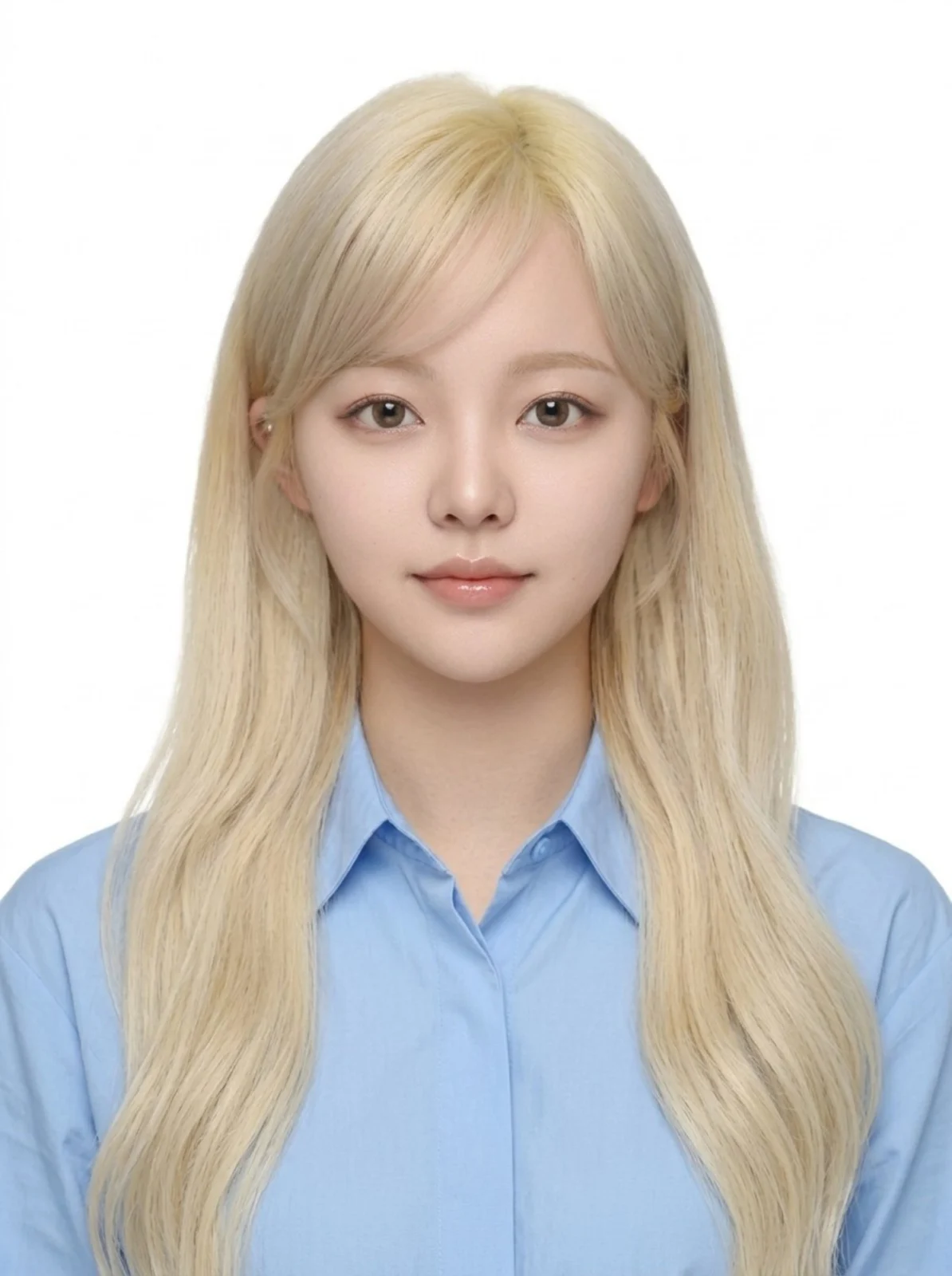 흰 배경에서 밝은 금발 긴 머리에 하늘색 셔츠를 입은 증명사진
