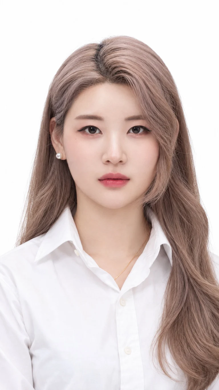 증명사진 · 밝은 웨이브 머리에 흰 셔츠를 입은 모습 · 이층사진관