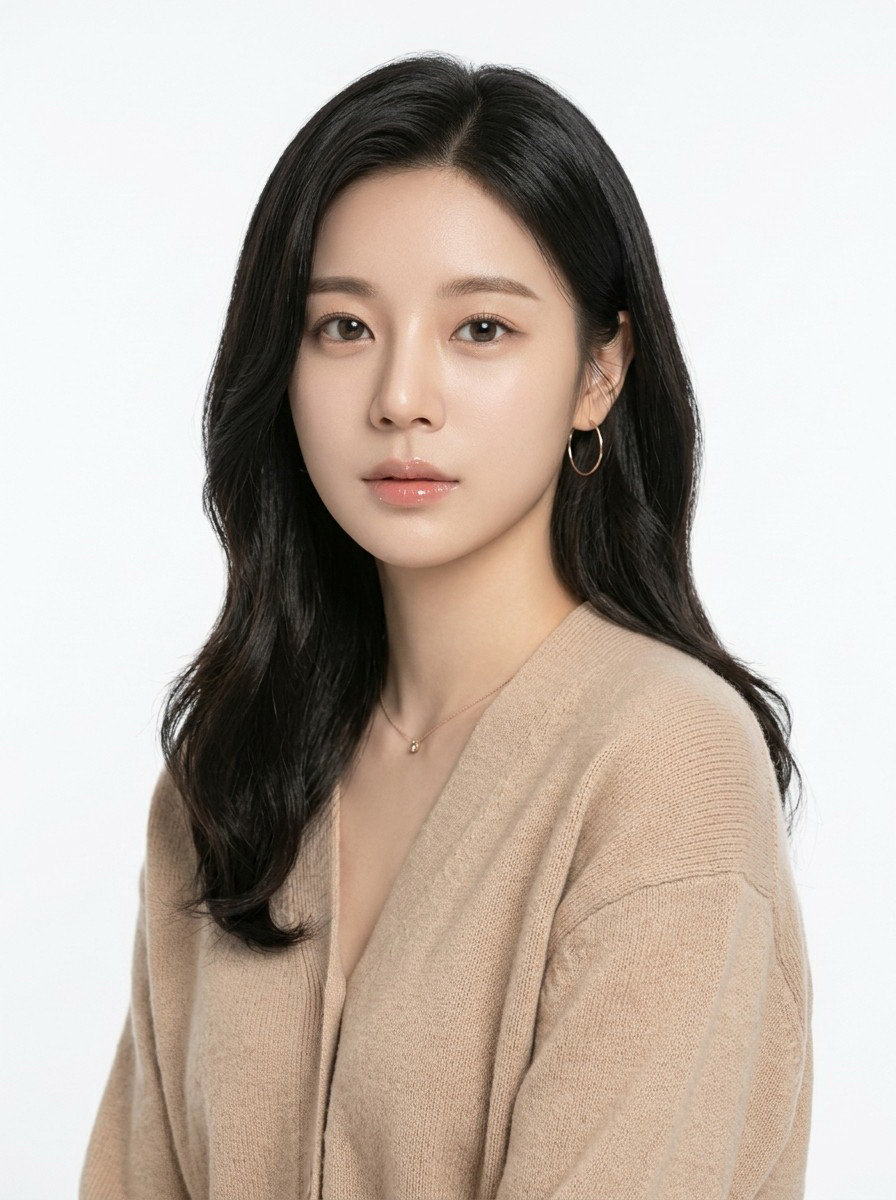 증명사진 · 웨이브 머리에 베이지 카디건을 입은 모습 · 이층사진관