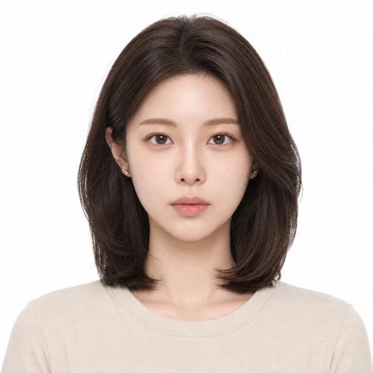 증명사진 · 어깨 길이 머리에 베이지 니트를 입은 얼굴 가까이 · 이층사진관