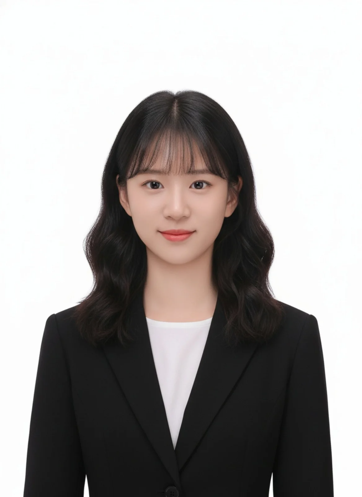 흰 배경에서 앞머리 웨이브 머리에 검정 재킷과 흰 이너를 입고 미소 짓는 증명사진