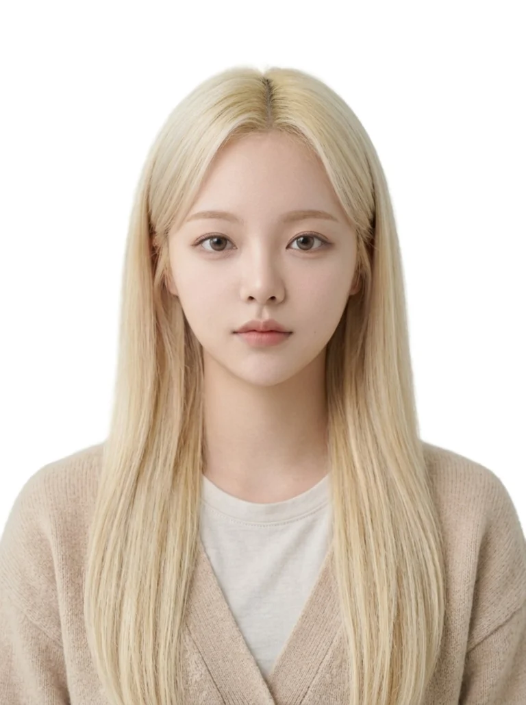 흰 배경에서 밝은 금발 긴 생머리에 베이지 카디건을 입은 증명사진