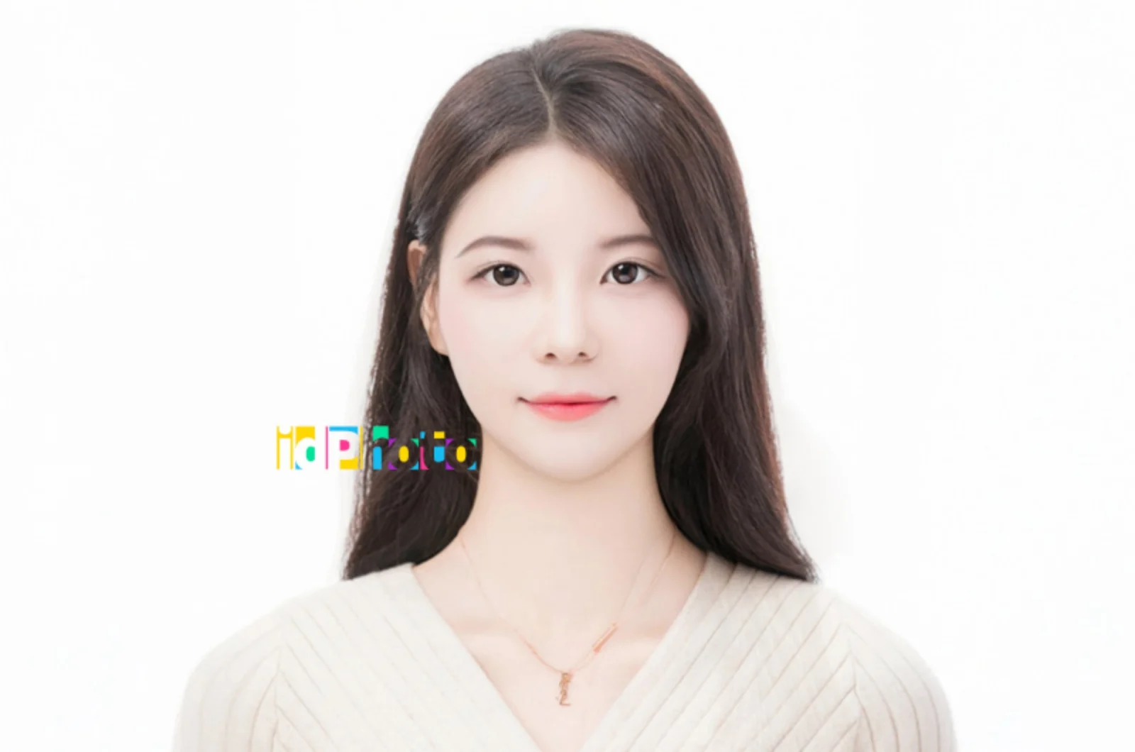 긴 머리에 아이보리 니트를 입은 증명사진에 로고를 넣은 가로 이미지