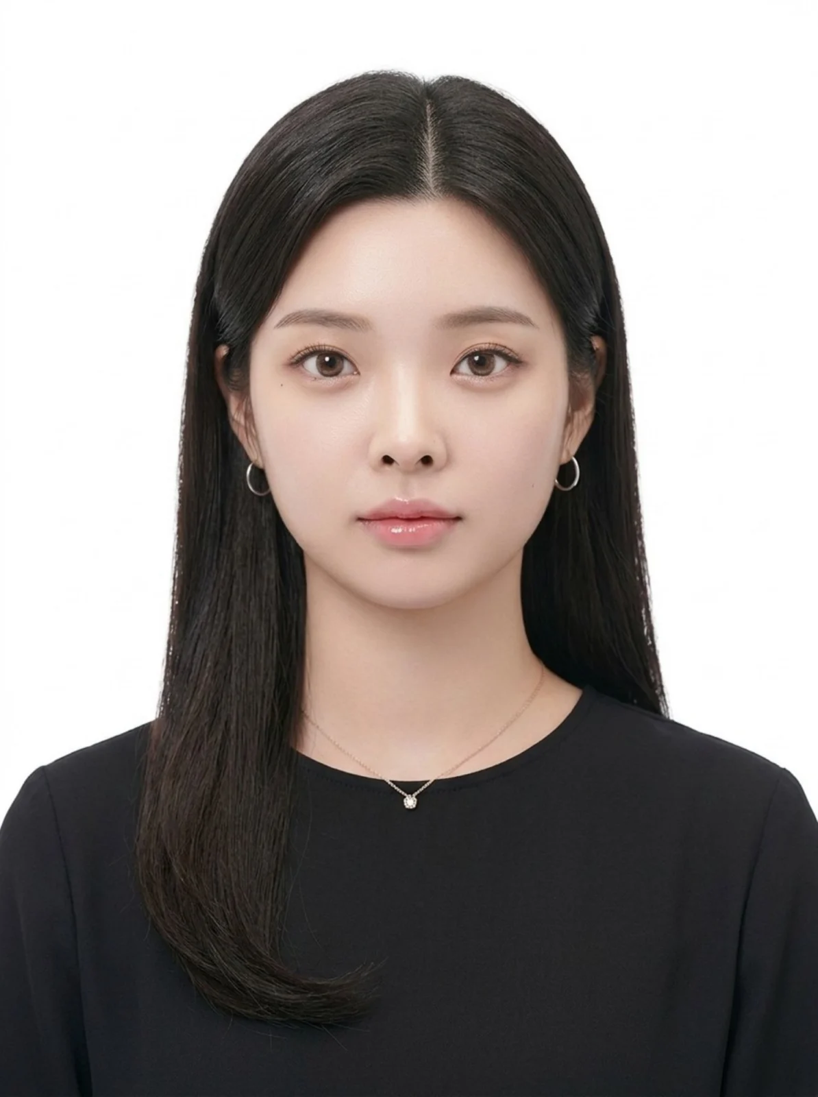 흰 배경에서 검은 긴 머리를 한쪽으로 넘기고 검정 상의와 귀걸이를 한 증명사진