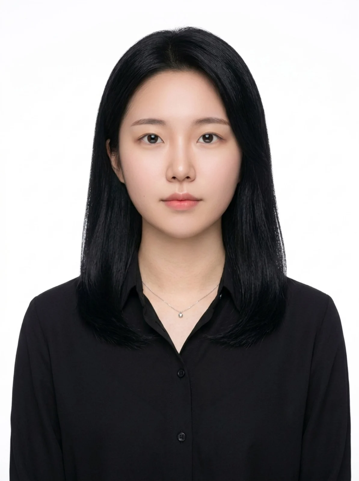 흰 배경에서 어깨 길이 검은 머리에 검정 셔츠와 목걸이를 한 증명사진