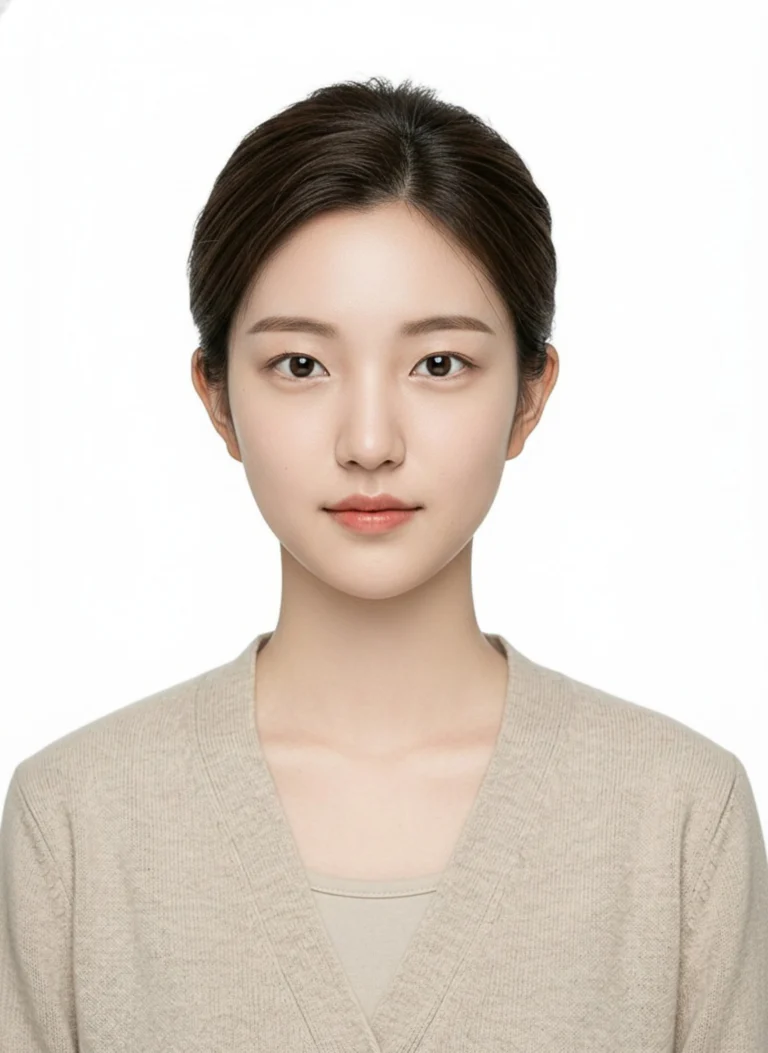 흰 배경에서 머리를 뒤로 묶고 베이지 카디건을 입은 증명사진