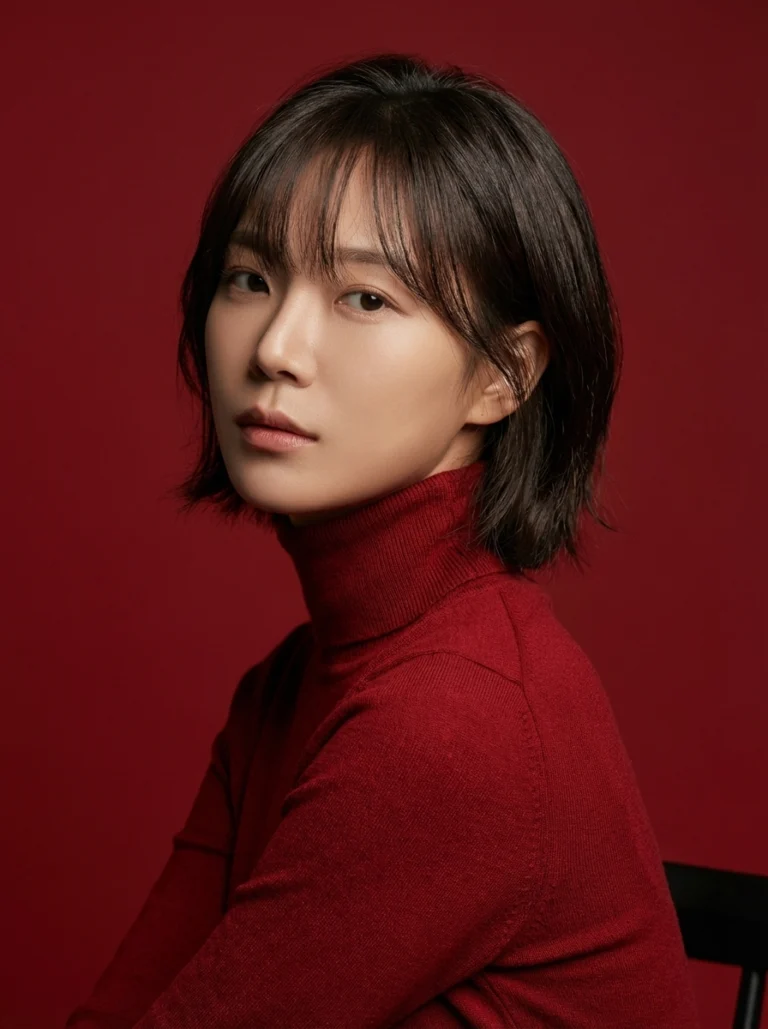 프로필 · 빨간 터틀넥 단발 여성 옆모습 · 이층사진관